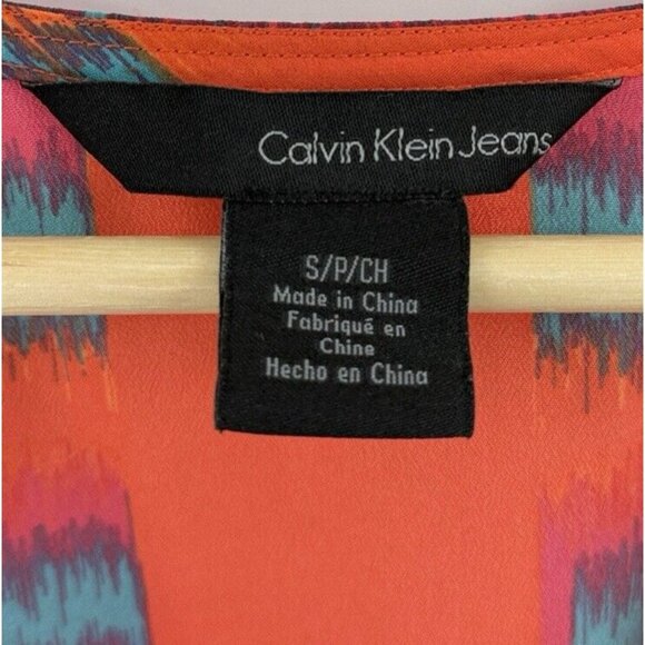 Calvin Klein Firecracker Orange‎ Teal Short Sleeve Chiffon Blouse Sz Small, Boho - Picture 4 of 7